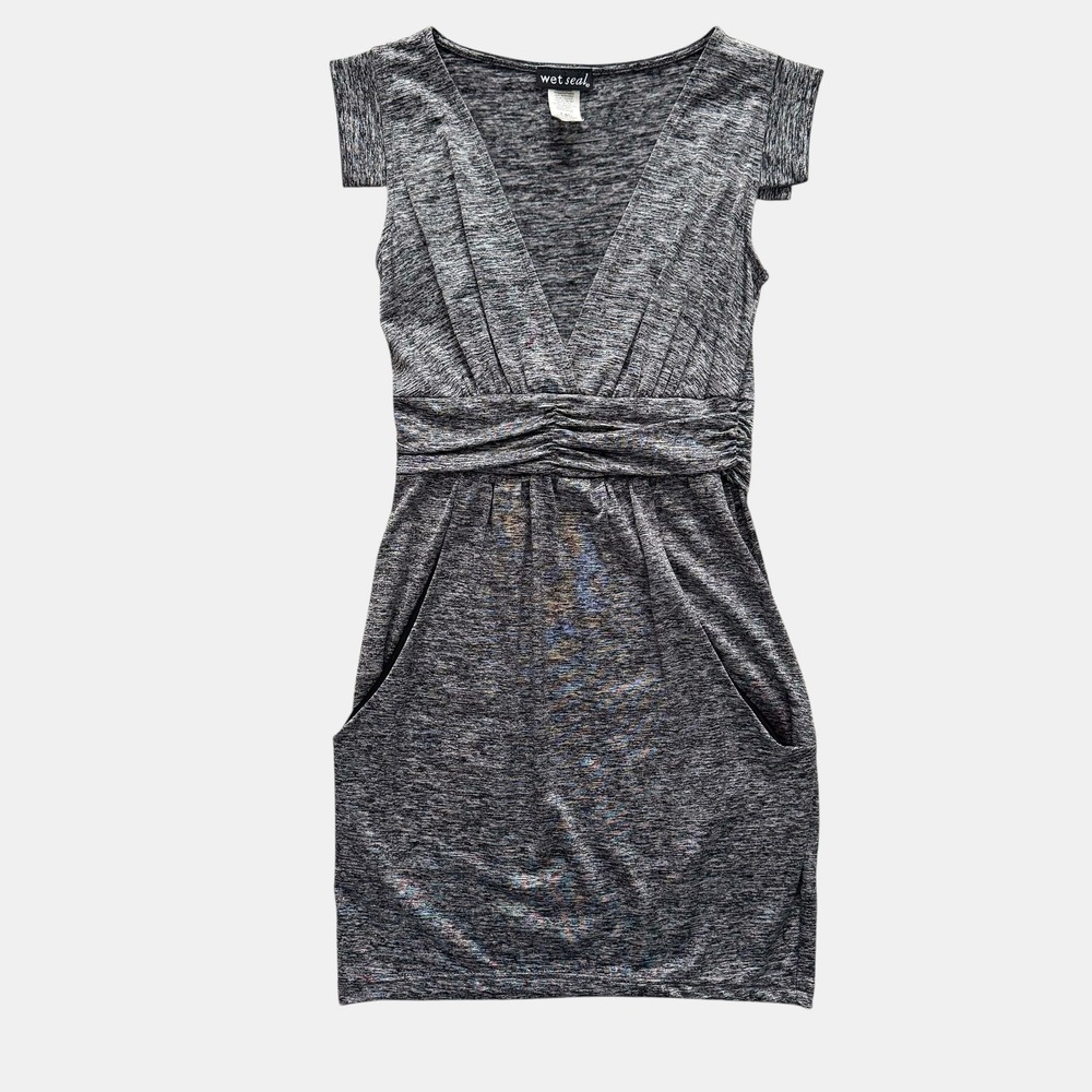 Wet Seal Grey Marled Knit V Neck Mini Dress Pockets Sz XS‎ Y2K 90s VTG Bodycon